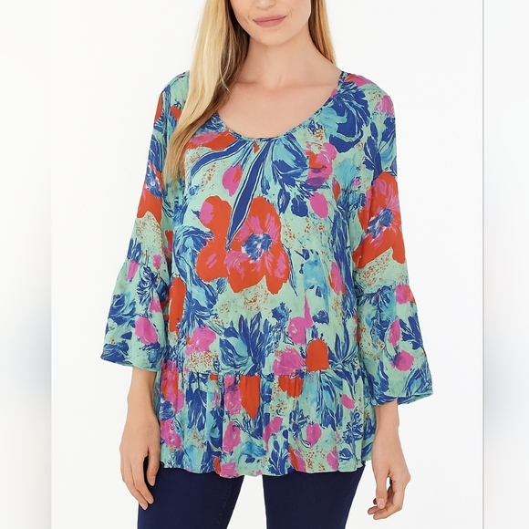 Pappagallo Womens Size S Floral Print Blouse Green Pink Blue - Picture 6 of 10